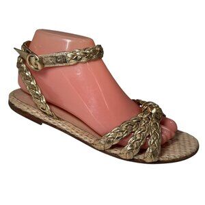 $875 Gianvito Rossi Bee Woven Gold Leather Flat Sandals 38/7.5 Resortwear